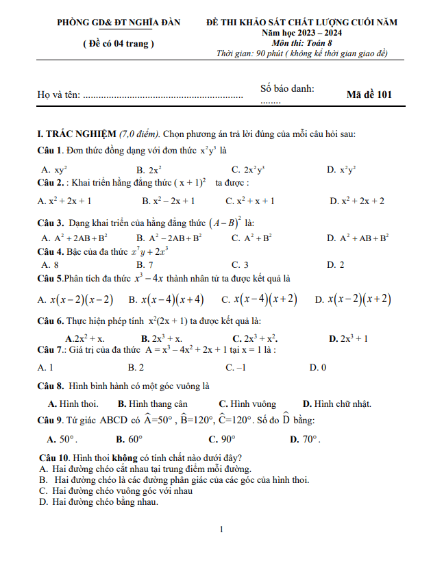 đề khảo sát toán 8 cuối năm 2023 – 2024 phòng gd&đt nghĩa đàn – nghệ an