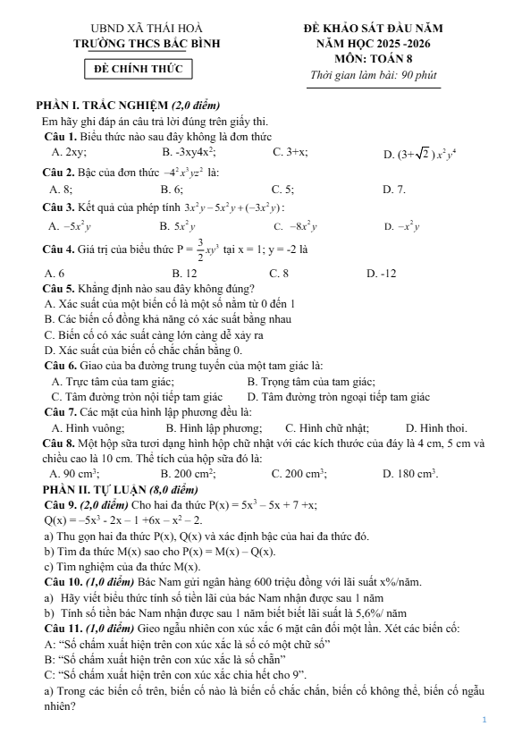 đề khảo sát toán 8 đầu năm 2025 – 2026 trường thcs bắc bình – phú thọ