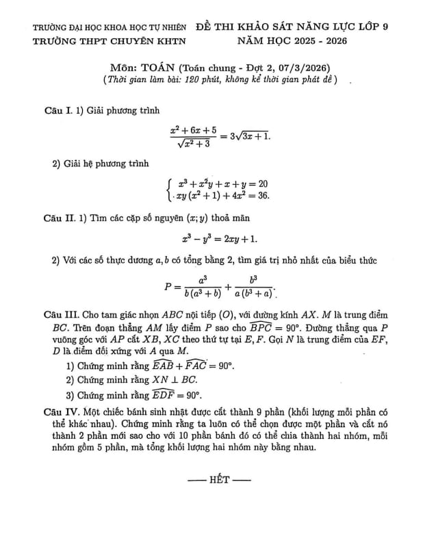 đề khảo sát toán 9 (chung) đợt 2 năm 2025 – 2026 trường chuyên khtn – hà nội