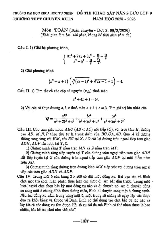 đề khảo sát toán 9 (chuyên) đợt 2 năm 2025 – 2026 trường chuyên khtn – hà nội
