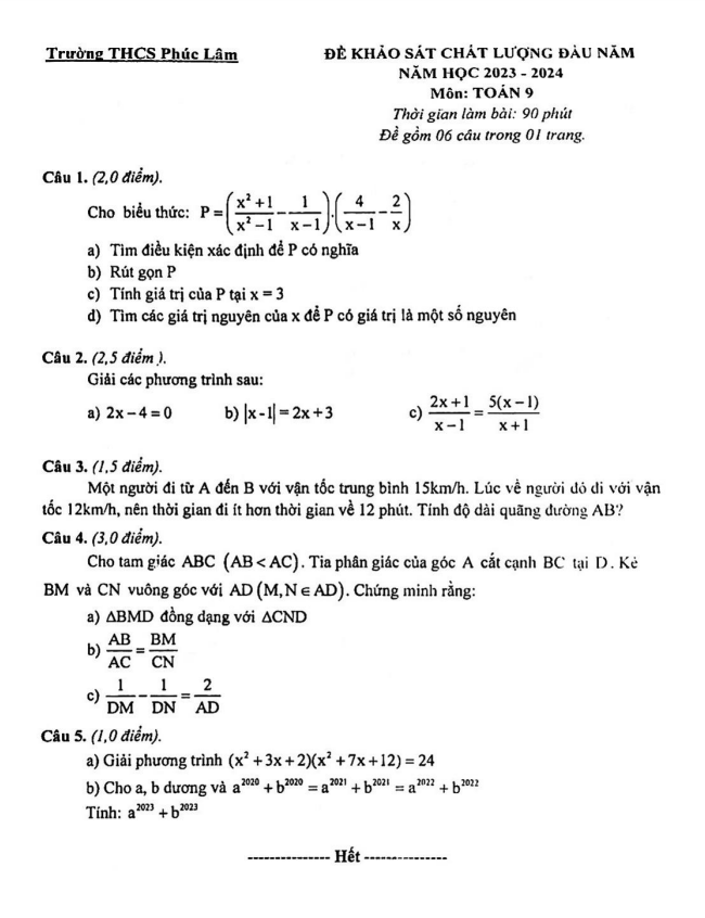 đề khảo sát toán 9 đầu năm 2023 – 2024 trường thcs phúc lâm – hà nội