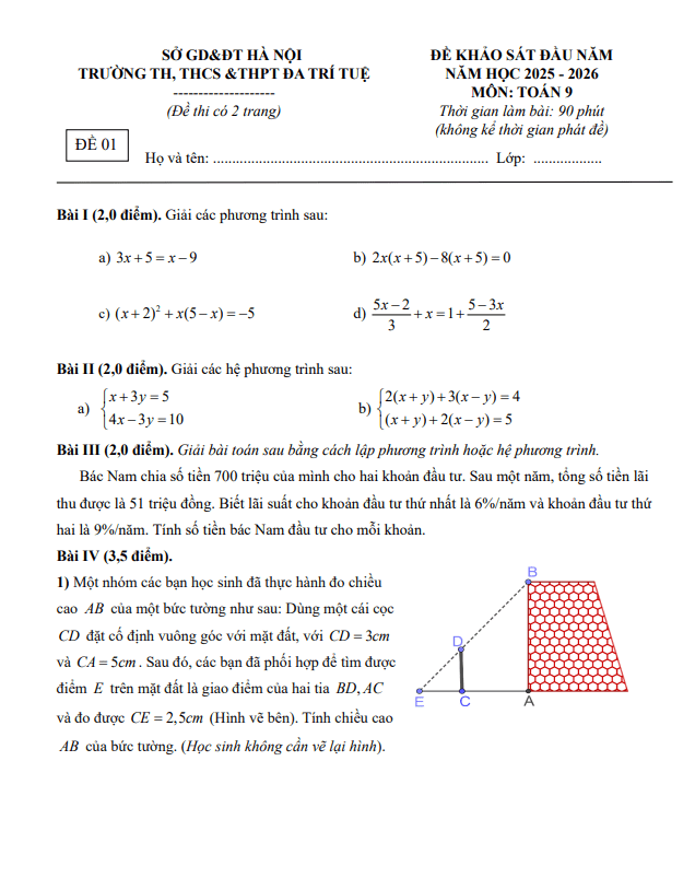 đề khảo sát toán 9 đầu năm 2025 – 2026 trường đa trí tuệ – hà nội