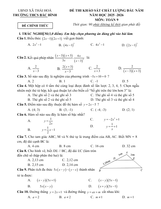 đề khảo sát toán 9 đầu năm 2025 – 2026 trường thcs bắc bình – phú thọ