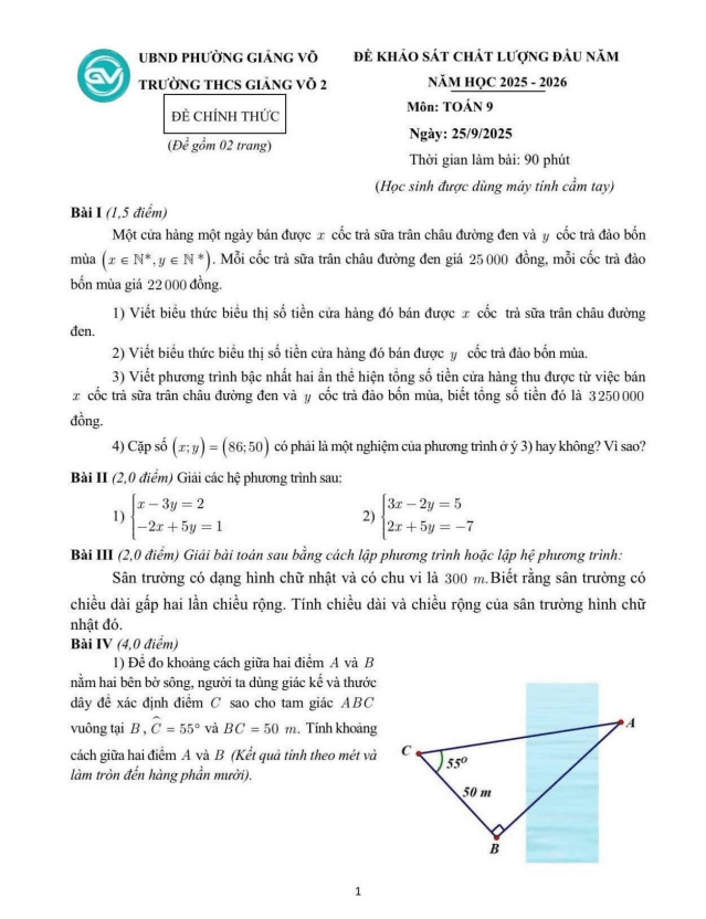 đề khảo sát toán 9 đầu năm 2025 – 2026 trường thcs giảng võ 2 – hà nội