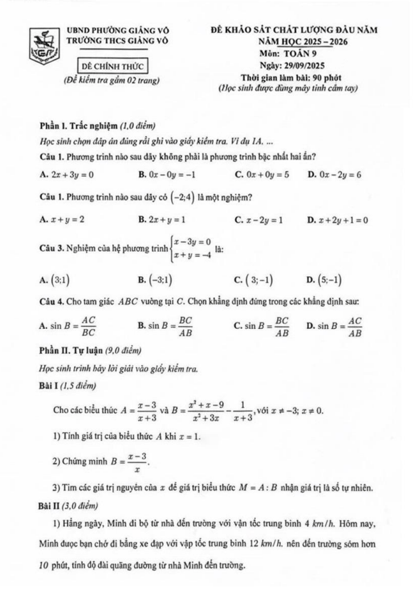 đề khảo sát toán 9 đầu năm 2025 – 2026 trường thcs giảng võ – hà nội