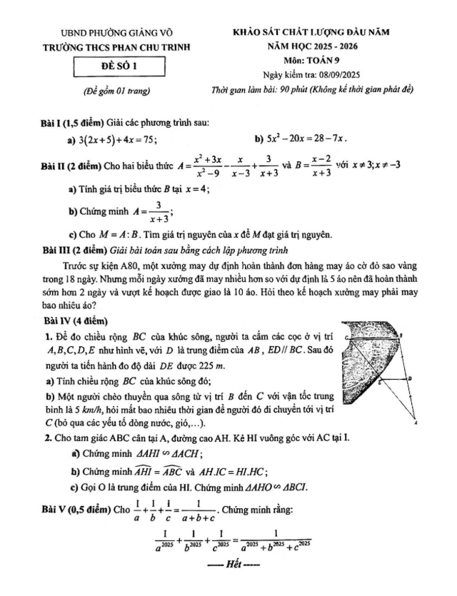 đề khảo sát toán 9 đầu năm 2025 – 2026 trường thcs phan chu trinh – hà nội