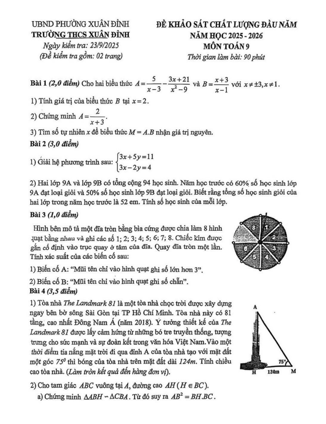 đề khảo sát toán 9 đầu năm 2025 – 2026 trường thcs xuân đỉnh – hà nội
