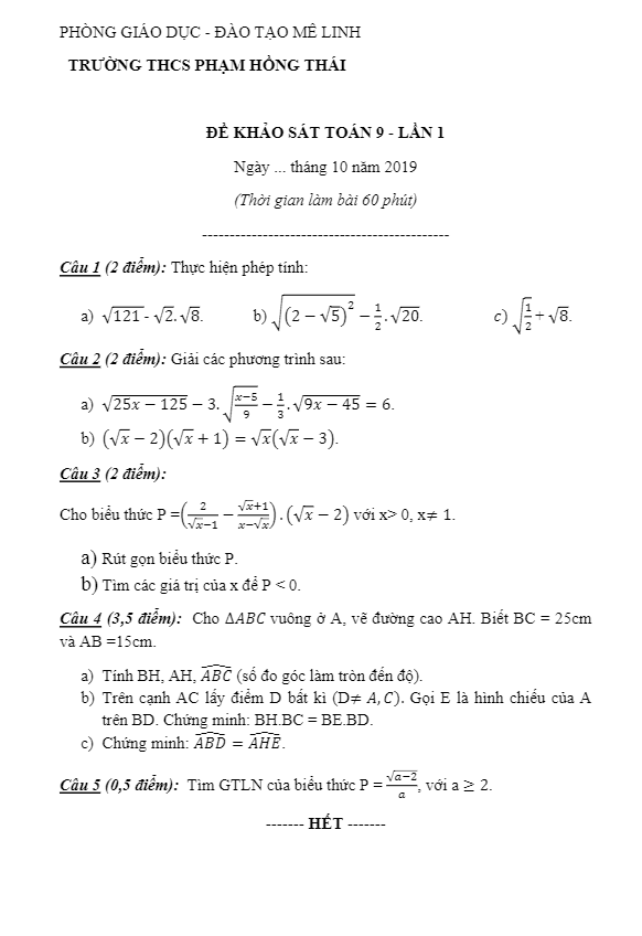 đề khảo sát toán 9 lần 1 năm 2019 – 2020 trường phạm hồng thái – hà nội
