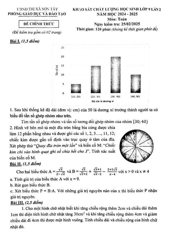 đề khảo sát toán 9 lần 2 năm 2024 – 2025 phòng gd&đt sơn tây – hà nội