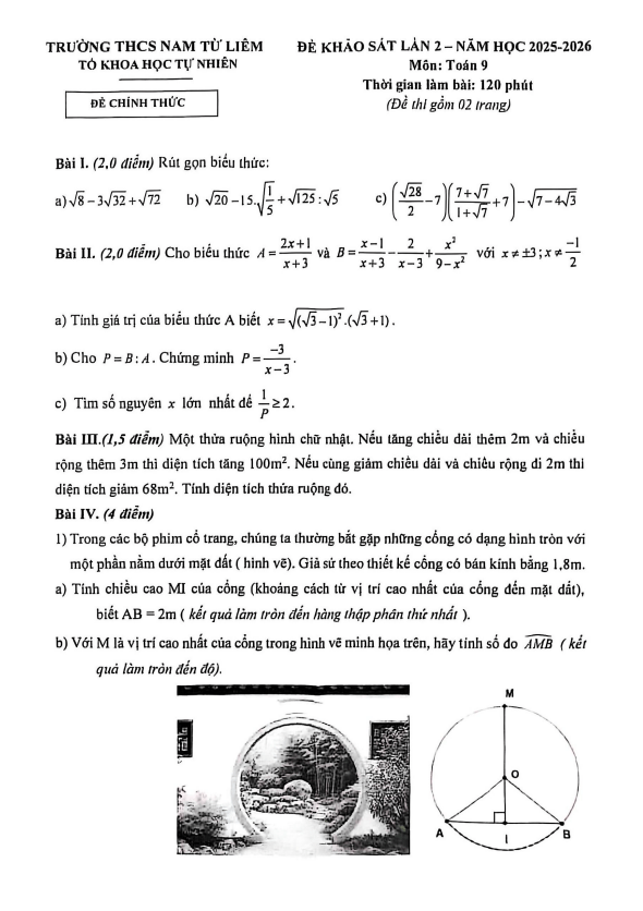đề khảo sát toán 9 lần 2 năm 2025 – 2026 trường thcs nam từ liêm – hà nội