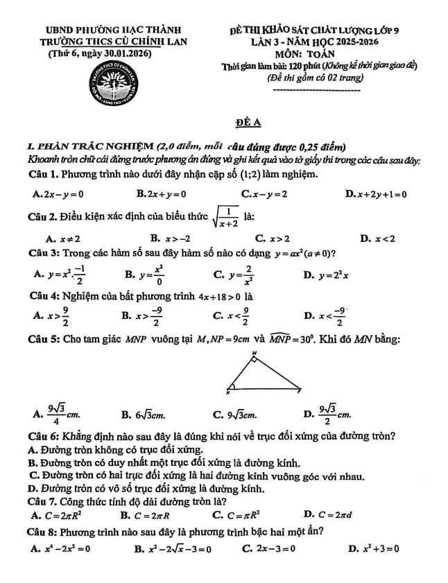đề khảo sát toán 9 lần 3 năm 2025 – 2026 trường thcs cù chính lan – thanh hóa