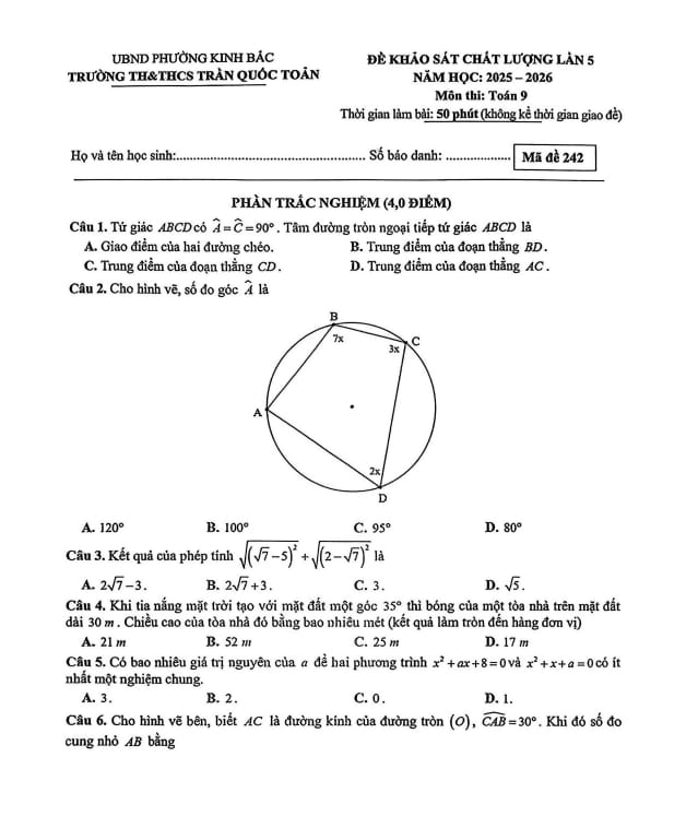 đề khảo sát toán 9 lần 5 năm 2025 – 2026 trường th&thcs trần quốc toản – bắc ninh