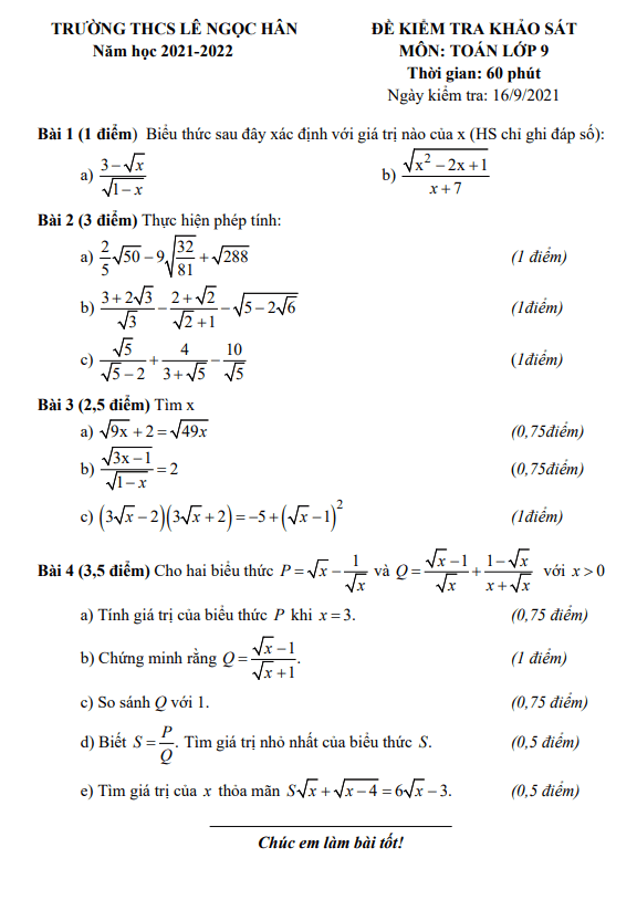 đề khảo sát toán 9 năm 2021 – 2022 trường thcs lê ngọc hân – hà nội