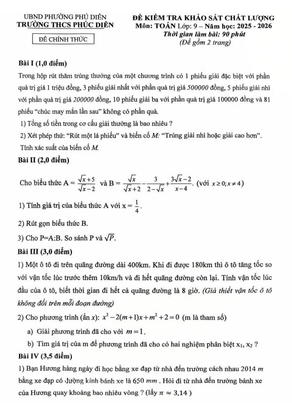 đề khảo sát toán 9 năm 2025 – 2026 trường thcs phúc diễn – hà nội