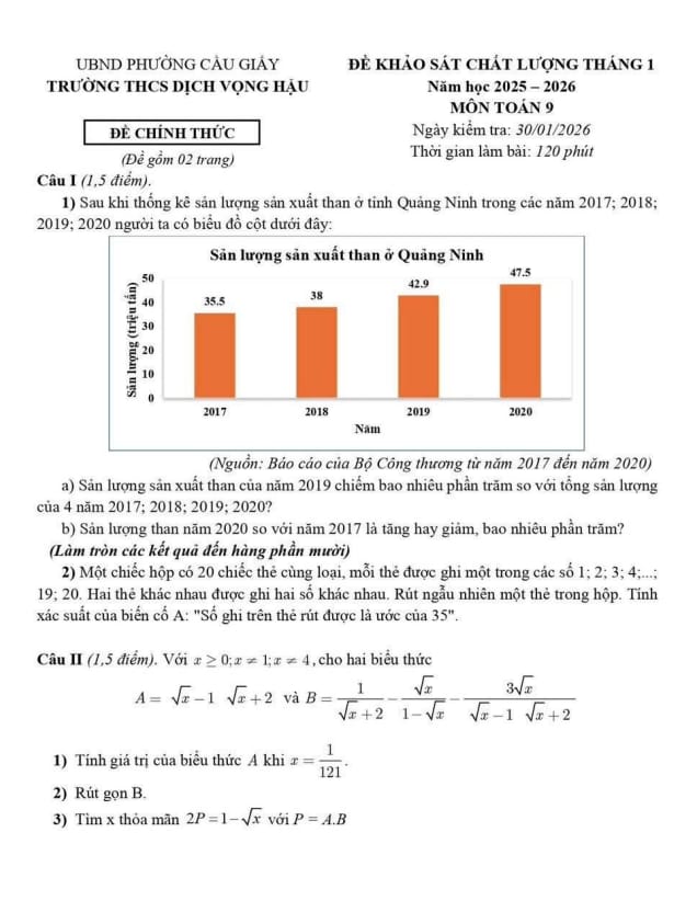 đề khảo sát toán 9 tháng 1 năm 2026 trường thcs dịch vọng hậu – hà nội