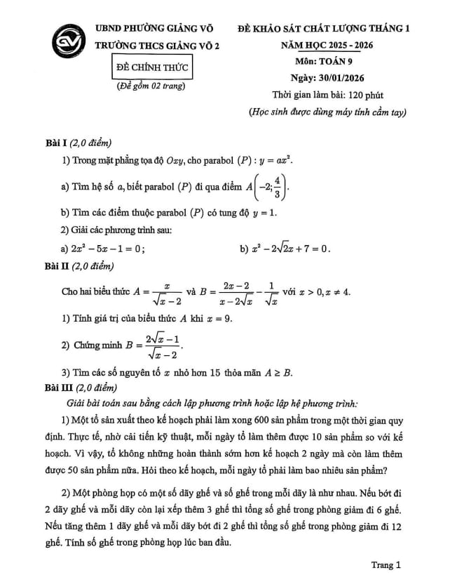 đề khảo sát toán 9 tháng 1 năm 2026 trường thcs giảng võ 2 – hà nội