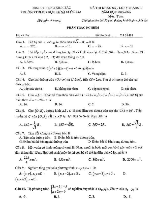 đề khảo sát toán 9 tháng 1 năm 2026 trường thcs suối hoa – bắc ninh