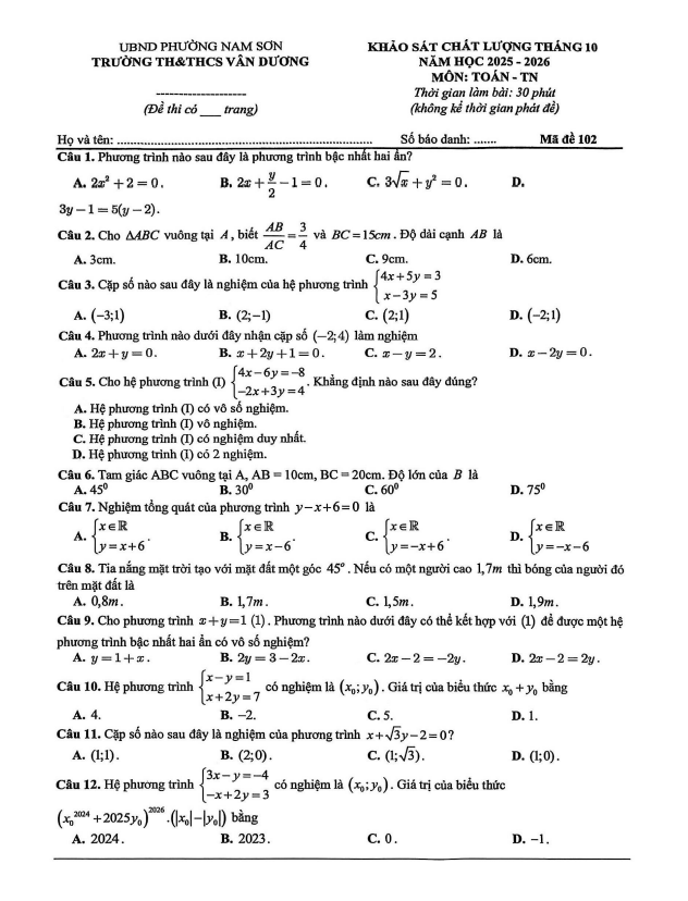 đề khảo sát toán 9 tháng 10 năm 2025 trường th&thcs vân dương – bắc ninh