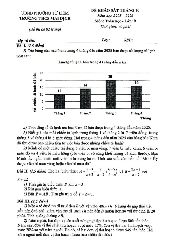 đề khảo sát toán 9 tháng 10 năm 2025 trường thcs mai dịch – hà nội