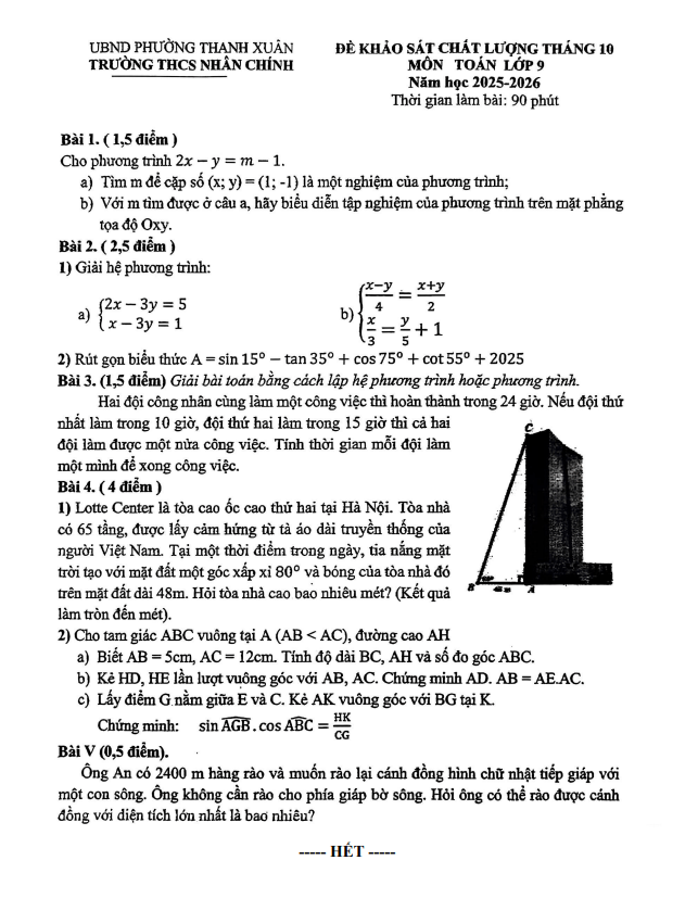 đề khảo sát toán 9 tháng 10 năm 2025 trường thcs nhân chính – hà nội