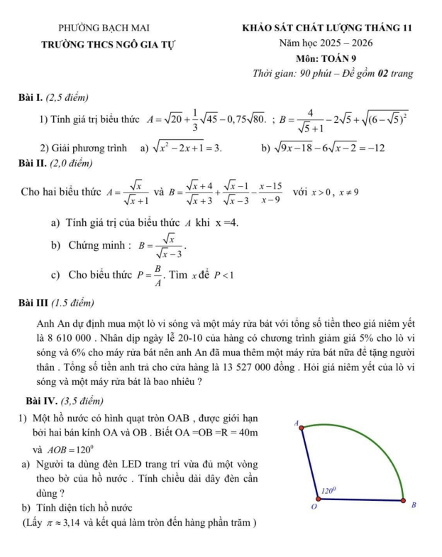 đề khảo sát toán 9 tháng 11 năm 2025 trường thcs ngô gia tự – hà nội