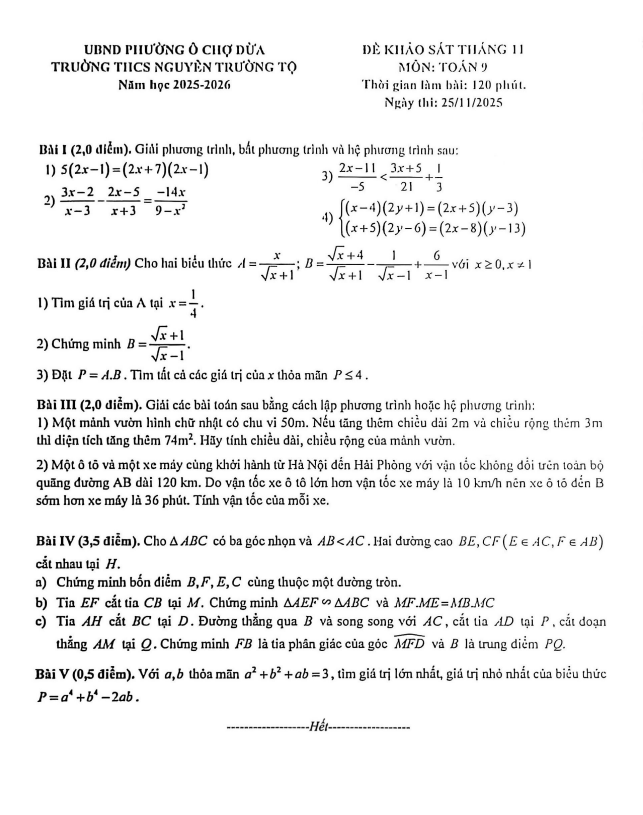 đề khảo sát toán 9 tháng 11 năm 2025 trường thcs nguyễn trường tộ – hà nội