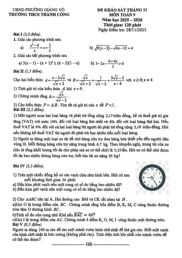đề khảo sát toán 9 tháng 11 năm 2025 trường thcs thành công – hà nội