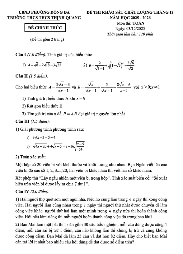 đề khảo sát toán 9 tháng 12 năm 2025 trường thcs thịnh quang – hà nội