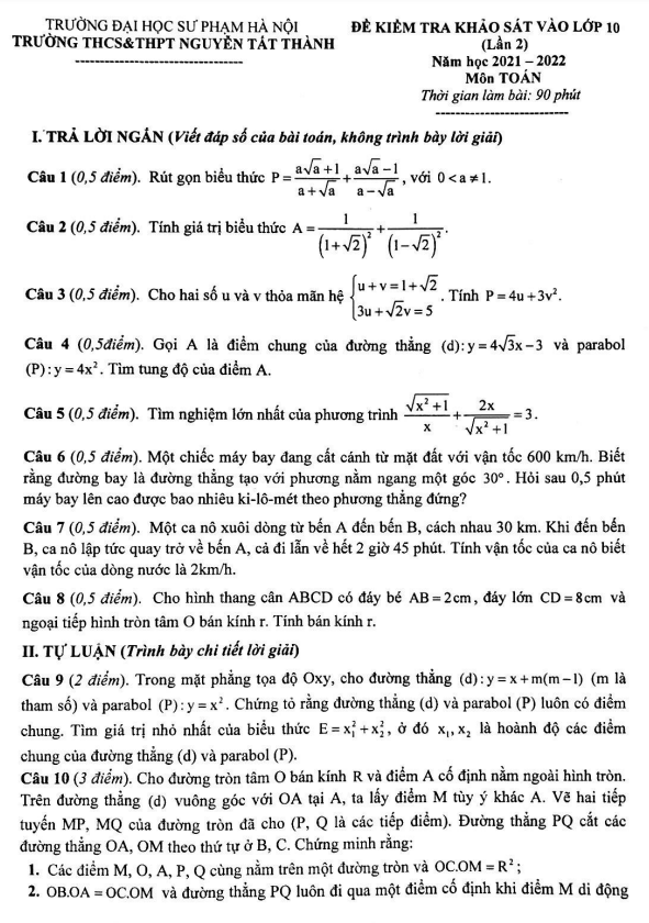 đề khảo sát toán vào lớp 10 lần 2 năm 2022 trường nguyễn tất thành – hà nội