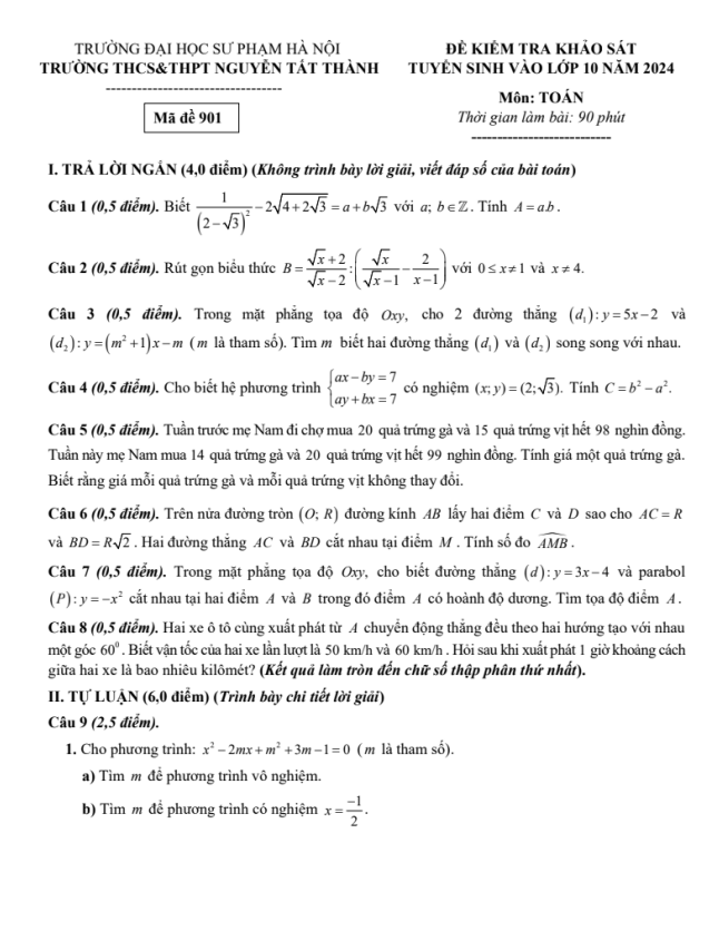 đề khảo sát toán vào lớp 10 năm 2024 trường nguyễn tất thành – hà nội