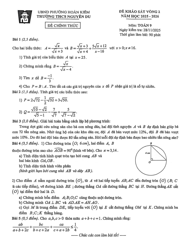 đề khảo sát vòng 2 toán 9 năm 2025 – 2026 trường thcs nguyễn du – hà nội