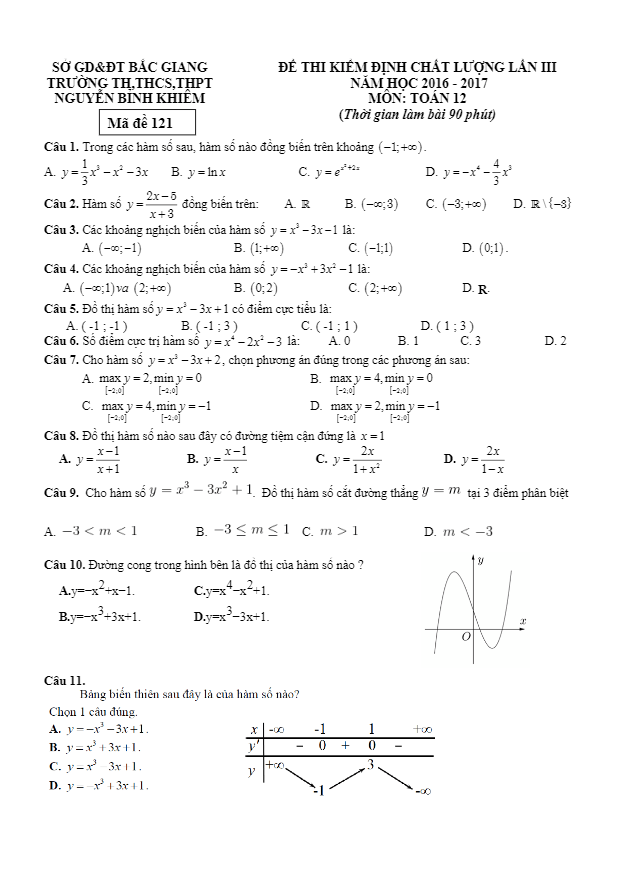 đề kiểm định chất lượng toán 12 năm học 2016 – 2017 trường nguyễn bỉnh khiêm – bắc giang lần 3