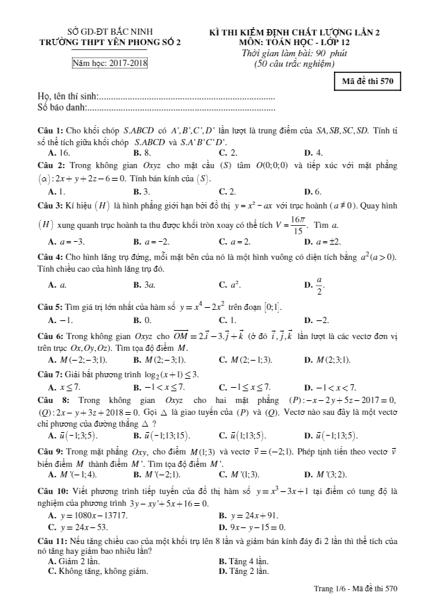 đề kiểm định chất lượng toán 12 trường thpt yên phong số 2 – bắc ninh lần 2