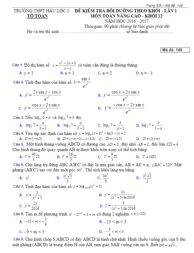 đề kiểm tra bồi dưỡng môn toán 12 trường thpt hậu lộc 1 – thanh hóa lần 1