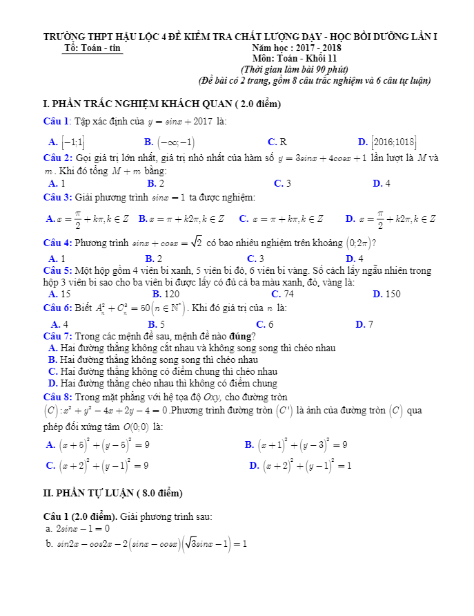 đề kiểm tra chất lượng dạy – học toán 11 lần 1 năm 2017 – 2018 trường hậu lộc 4 – thanh hóa