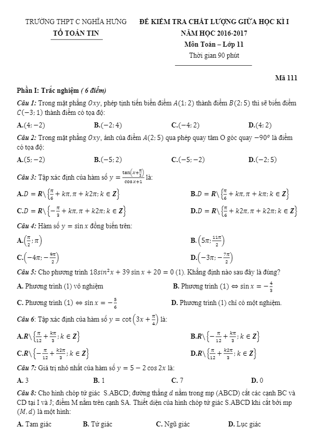 đề kiểm tra chất lượng giữa hki môn toán 11 trường c nghĩa hưng – nam định