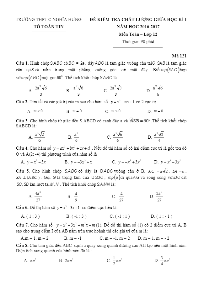 đề kiểm tra chất lượng giữa hki môn toán 12 trường c nghĩa hưng – nam định