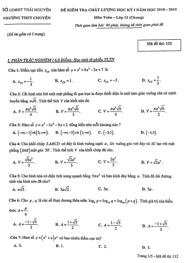 đề kiểm tra chất lượng học kỳ 1 toán 12 năm 2018 – 2019 trường chuyên thái nguyên