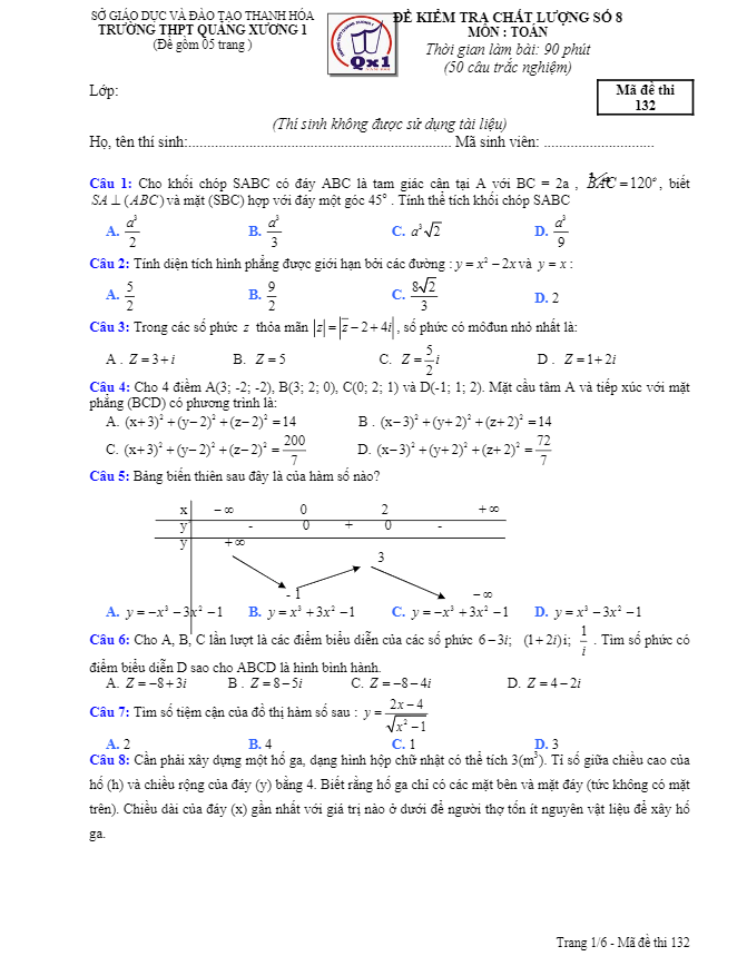 đề kiểm tra chất lượng môn toán trường quảng xương 1 – thanh hóa