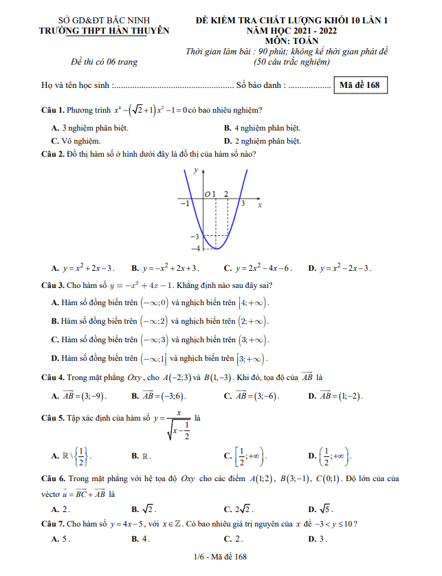 đề kiểm tra chất lượng toán 10 lần 1 năm 2021 – 2022 trường hàn thuyên – bắc ninh