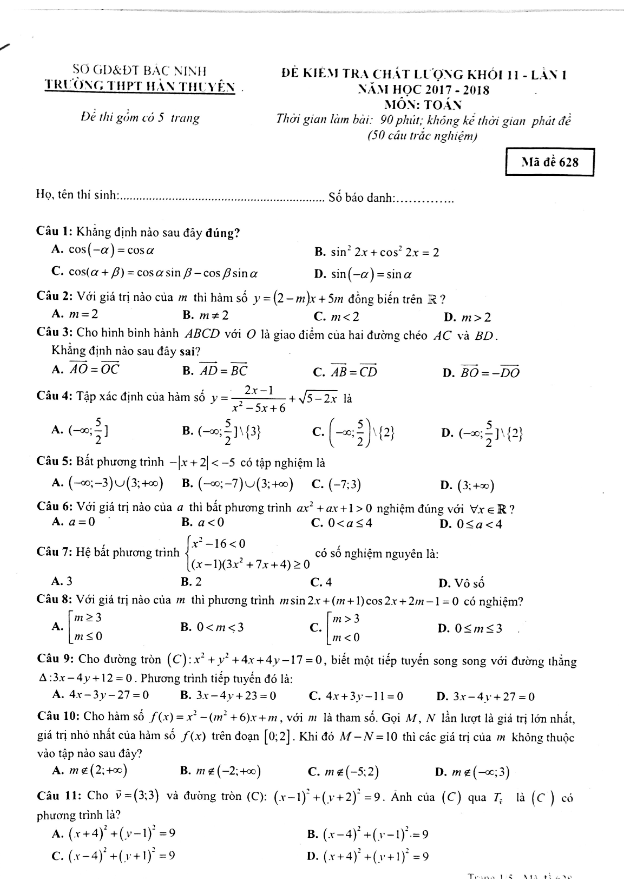 đề kiểm tra chất lượng toán 11 lần 1 năm học 2017 – 2018 trường thpt hàn thuyên – bắc ninh