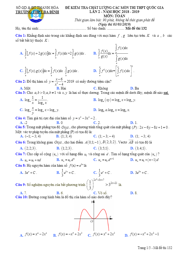 đề kiểm tra chất lượng toán thi thptqg 2019 lần 2 trường ba đình – thanh hóa