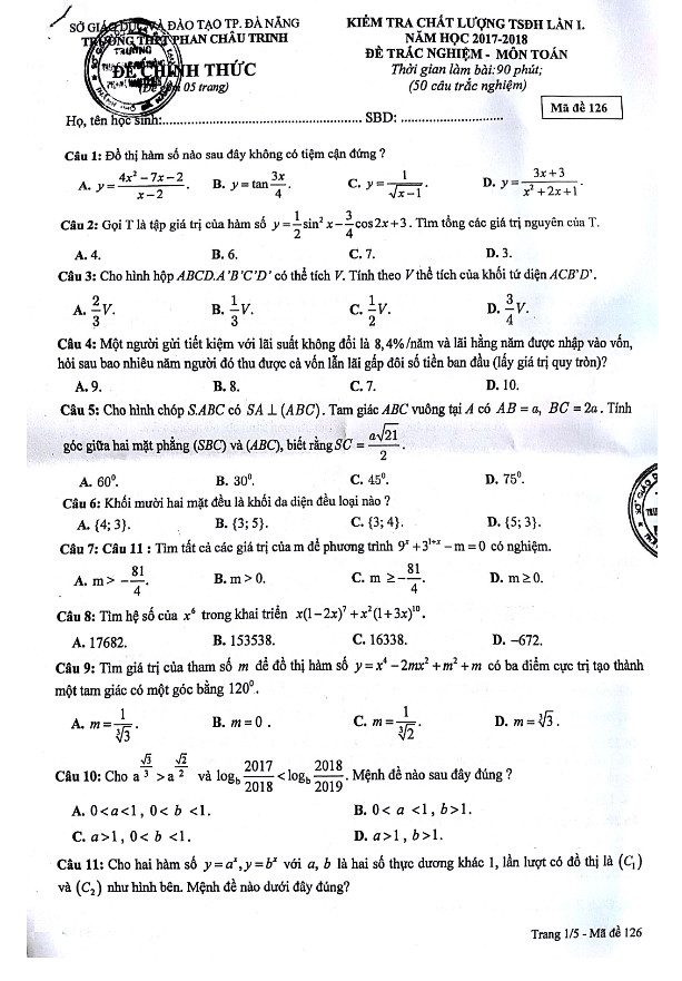 đề kiểm tra chất lượng tsđh 2018 môn toán lần 1 trường phan châu trinh – đà nẵng