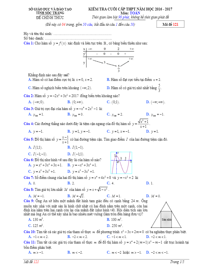 đề kiểm tra cuối cấp thpt năm học 2016 – 2017 môn toán sở gd và đt sóc trăng