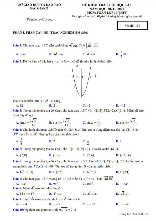 đề kiểm tra cuối học kì 1 toán 10 năm 2021 – 2022 sở gd&đt bắc giang