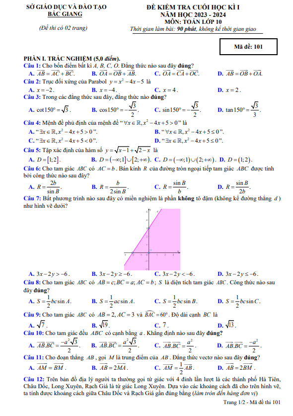 đề kiểm tra cuối học kì 1 toán 10 năm 2023 – 2024 sở gd&đt bắc giang