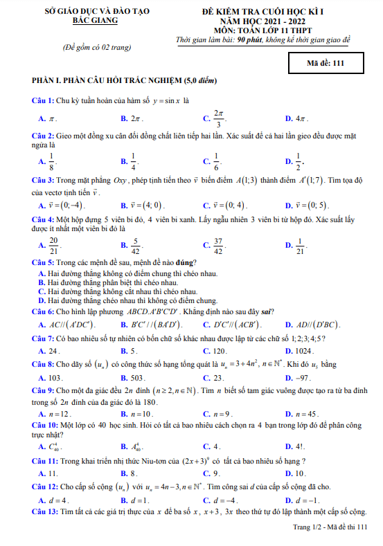 đề kiểm tra cuối học kì 1 toán 11 năm 2021 – 2022 sở gd&đt bắc giang