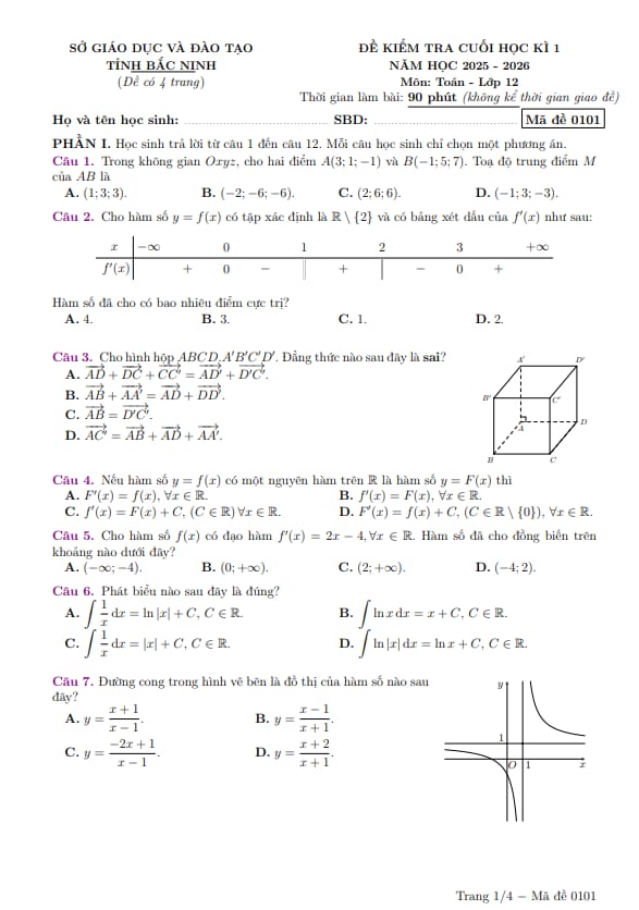 đề kiểm tra cuối học kì 1 toán 12 năm 2025 – 2026 sở gd&đt bắc ninh