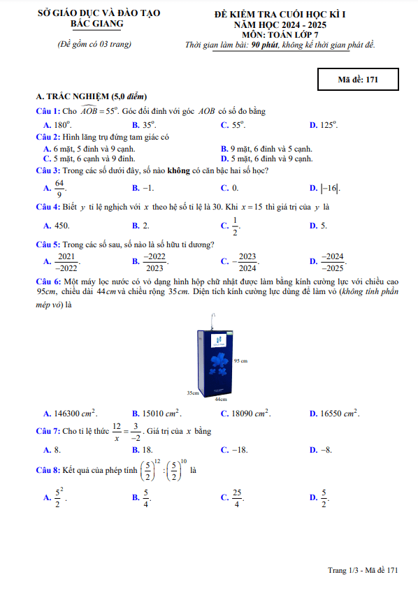 đề kiểm tra cuối học kì 1 toán 7 năm 2024 – 2025 sở gd&đt bắc giang