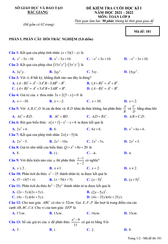 đề kiểm tra cuối học kì 1 toán 8 năm 2021 – 2022 sở gd&đt bắc giang